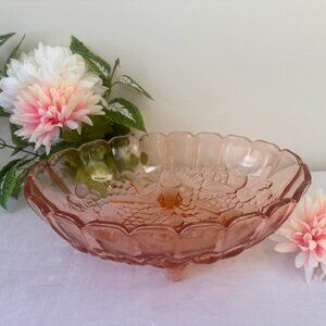 Vintage Indiana Glass Pink Footed Fruit Bowl Harvest Pattern Oval Centerpiece‎